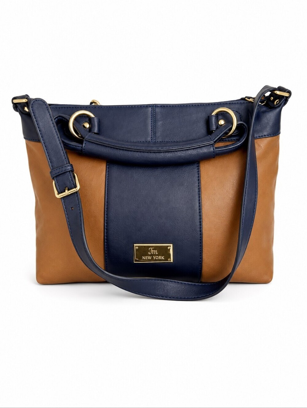 Jm New York Brown Navy Blue Split Leather Large Shoulder Tote Bag